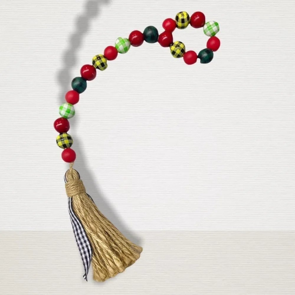 NEW Wood Bead Garland with Plaid Tassels